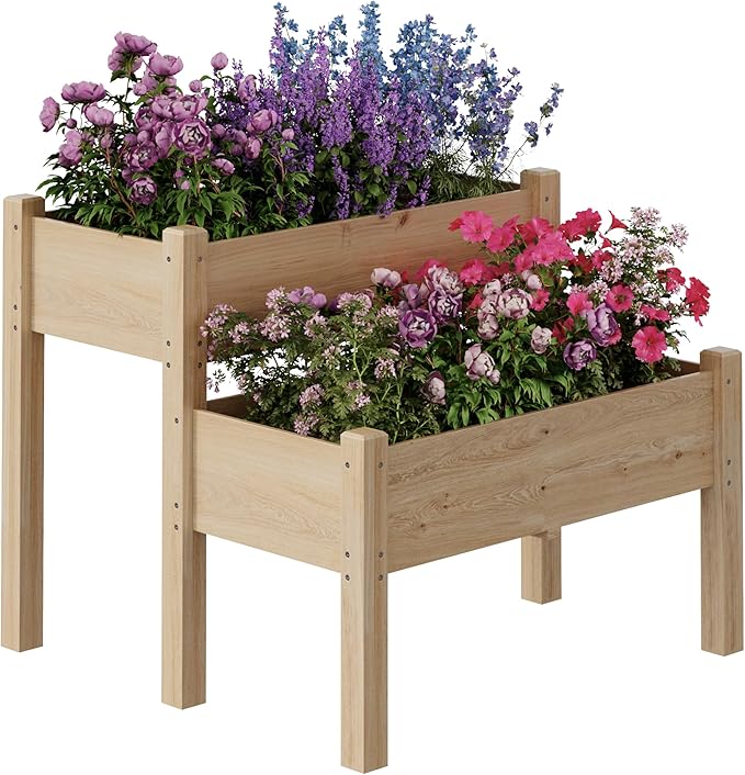 GarveeLife 34x34x29inches Two-Tier Wooden Raised Garden Bed with Legs, Large Elevated Outdoor Planter Box with 8 Drainage Holes, 352 Lbs Capacity for Vegetables, Herbs, Flowers, Backyard, Patio