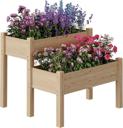 GarveeLife 34x34x29inches Two-Tier Wooden Raised Garden Bed with Legs, Large Elevated Outdoor Planter Box with 8 Drainage Holes, 352 Lbs Capacity for Vegetables, Herbs, Flowers, Backyard, Patio