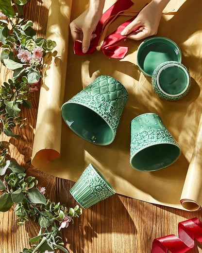 Ceramic Plant Pots, 3.8+4.9+5.8 Inch, Set of 3 Flower Pots with Drainage Hole & Saucer, Embossed Planter Pots for Indoor Plants, Home Decor, Green