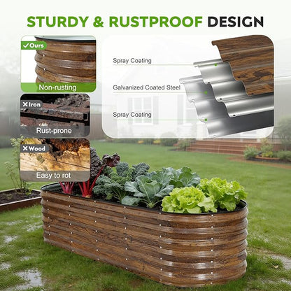 ZORMY Galvanized Raised Garden Bed Outdoor- 6x2x1.4ft Oval Steel Raised Beds for Gardening, Metal Planter Box with Protective Strip and Gloves for Vegetables, Flowers, Fruits (Brown)