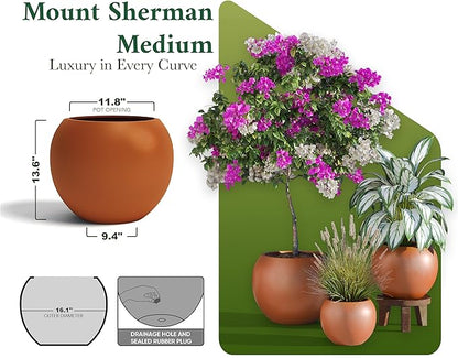 DTY Mount Sherman 16.1'' D x 13.6'' H (Pot Opening 11.8") Fiberstone Round Planter with Drainage Hole, Smooth Finishes, Weather Resistant for Indoor and Outdoor, 2 Extra Coco Mats - Terracotta, Medium