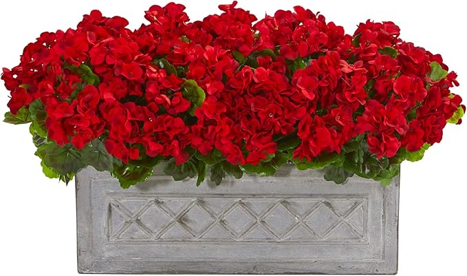 Nearly Natural 18in. Geranium Artificial Plant in Stone Planter UV Resistant (Indoor/Outdoor)