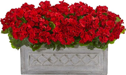 Nearly Natural 18in. Geranium Artificial Plant in Stone Planter UV Resistant (Indoor/Outdoor)