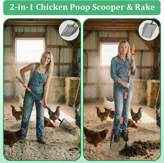 2-in-1 Chicken Poop Scooper & Rake, Heavy-Duty Chicken Coop Scoop with 33-61" Adjustable Handle and 14" Long Shovel Head, Metal Litter Scoop Sand Poop Shovel, Chicken Coop Cleaning Accessories