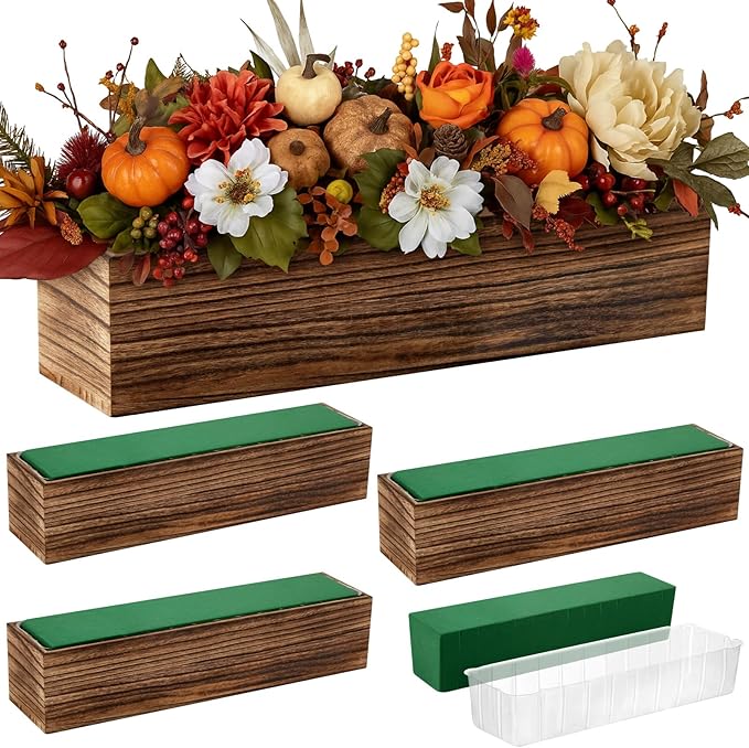 Dandat 4 Set Wood Boxes for Centerpieces 16x4 Inch Rectangle Wooden Planter Box Rustic Wood Planter with Removable Plastic Liner Floral Foam Blocks for Centerpieces Home Wedding Garden Decor