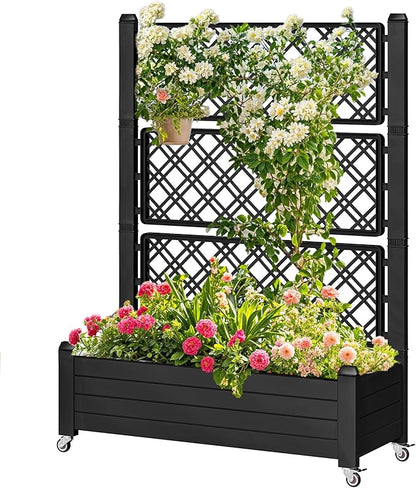 DWVO 3.6 x 1.5 x 5 FT Raised Garden Bed with Trellis, Large Outdoor Planter Trellis Box with Drainage Holes and Wheels for Climbing Plants, Black