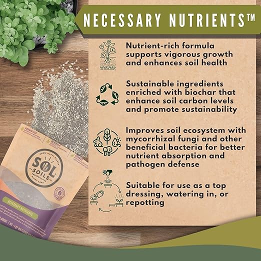 Sol Soils Sol Biotics Necessary Nutrients – Soil Fertilizer with Biochar, Humic Acids & Beneficial Microbes Including Mycorrhizal Fungi & Bacillus Bacteria for Healthy Soil & Plant Growth - 4oz