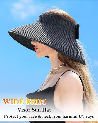 Womens Beach Straw Sun Hats Ponytail Hole Wide Brim Summer Visor Foldable Hat Sun Protection Packable for Travel Pool