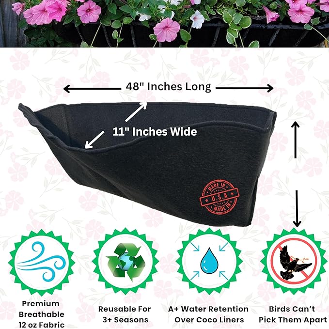 EZ Swap 48 Inch Fabric Trough Coco Liner Replacement for Window Basket Flower Planter - 48" Coconut Coco Fiber Alternative for Hayrack Planters. Use 3+ Seasons - Made in The USA! (2-Pack)