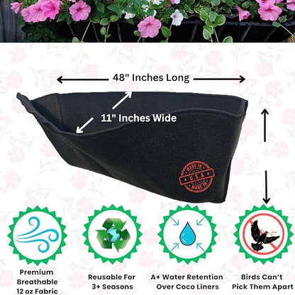 EZ Swap 48 Inch Fabric Trough Coco Liner Replacement for Window Basket Flower Planter - 48" Coconut Coco Fiber Alternative for Hayrack Planters. Use 3+ Seasons - Made in The USA! (2-Pack)