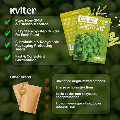 KVITER 2000 Italian Basil Seeds for Planting (Ocimum basilicum) - Sweet Genovese Basil, Heirloom & Non GMO, Classic Pesto Flavor - Herb Seeds to Plant in Containers, Outdoor & Indoor Herb Garden