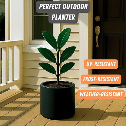 Fox & Fern 8 Inch Black Plant Pot with Drainage Plug — Premium Lightweight Fiberstone Matte Black Planter - 8 Inch Pots for Plants - for Indoor & Outdoor Use - Weather Resistant & UV Resistant