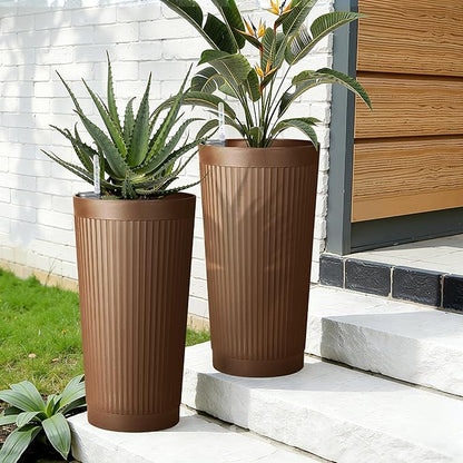 Set of 2 Tall Self-Watering Planters, 24" Large Planters with Water Level Indicator for Indoor & Outdoor Plants, Modern Planters for Garden, Patio, Balcony, Porch, Terracotta