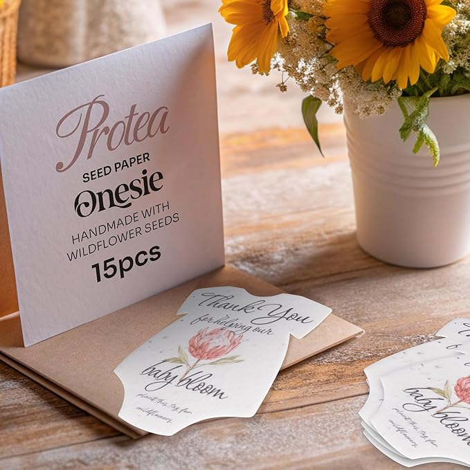 Onesie Seed Paper – 15 Protea Shower Favors for Guests with Wildflower Seeds, Writable & Plantable, Shower Favor Gifts for Guest