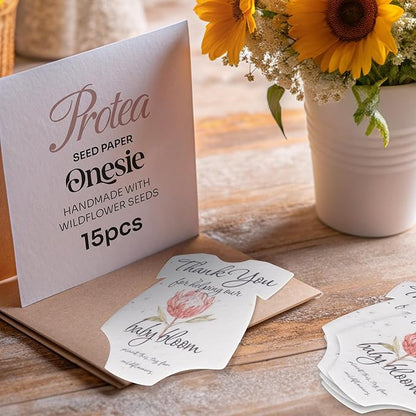 Onesie Seed Paper – 15 Protea Shower Favors for Guests with Wildflower Seeds, Writable & Plantable, Shower Favor Gifts for Guest