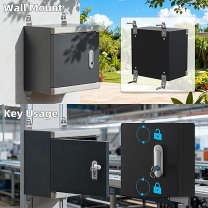 Joinfworld Outdoor Electrical Metal Box 11.8" x 11.8" x 7" Weatherproof Outdoor Junction Enclosure Steel Box with Lock Din Rail Cable Gland