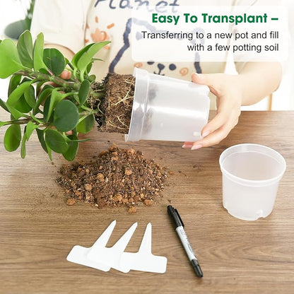 4 Inch Clear Nursery Pots for Plants, Transparent Plastic Plant Pots with Drain Holes, Seed Starter Clear Pots with 20 Plant Labels for Flowers Vegetable Seedlings 30 Pcs
