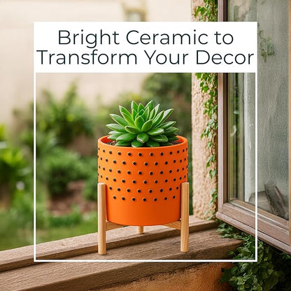 Dotted Decorative Planter Pot with Wood Stand – Vibrant Ceramic Stoneware Outdoor and Indoor Plant Pot – Modern Garden and Home Decor Planters – 10" x 11", Orange