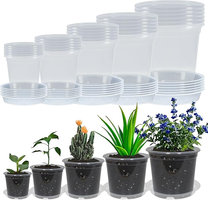 30 Pack 3/4/5/6/7 Inch Clear Nursery Pots with Drainage and 30 Pack Plant Saucers, Plant Pots for Plants Transparent Potting Containers for Plants Seeding Starter Pot (Clear, 3/4/5/6/7 Inch)