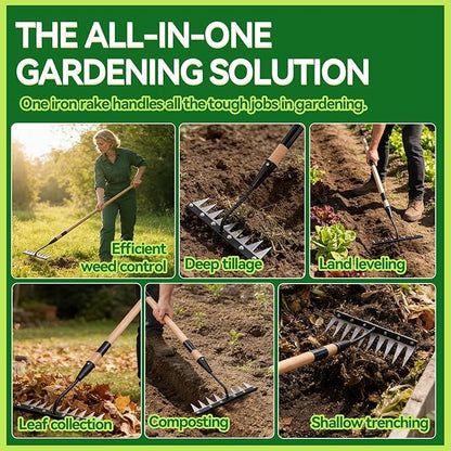 Gardenia Iron Weeding Rake with Handle 3.0,Heavy Duty Iron Rake for Gardening and Weeding,2026 Upgraded 9-Tine Garden Weed Puller Tool, Garden Weed Rake Tool for Removing Weeds,Soil Aeration (9 Teeth)