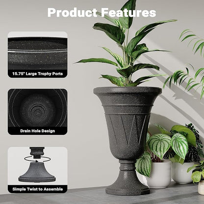 23" Tall Planters for Outdoor Plants Set of 2, Planter with Drainage Holes and Trophy Design, Large Outdoor Planters for Porch, Garden, Black