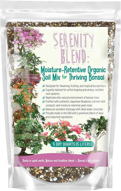 Serenity Blend Bonsai Soil Mix – Moisture-Retentive & Organic for Flowering, Fruiting, and Tropical Bonsai Trees – Handcrafted in The USA with Akadama & Compost (3 quarts)