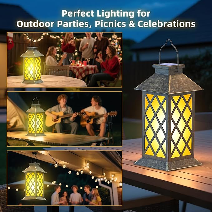 2 Pack 13" Solar Lanterns with Flickering Flame Candle, Outdoor Waterproof Hanging Lantern Lights Metal & Glass for Patio, Pathway, Garden Decorative, Gifts for Mom