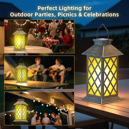 2 Pack 13" Solar Lanterns with Flickering Flame Candle, Outdoor Waterproof Hanging Lantern Lights Metal & Glass for Patio, Pathway, Garden Decorative, Gifts for Mom
