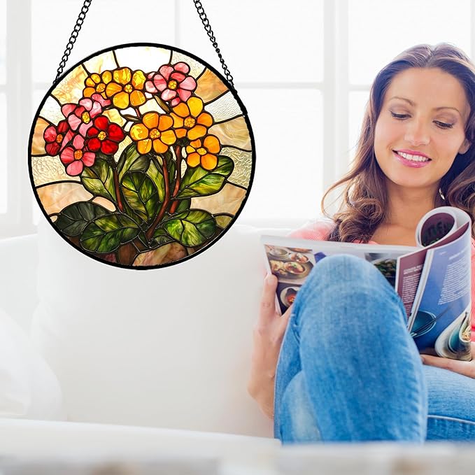 Stained Glass Window Hanging, Yellow Red Flowers Sun Catcher for Window Door Home Decor Green Plant Suncatcher Christmas Mother's Day Birthday Gifts for Women Men Mom and Nana 9.8 in