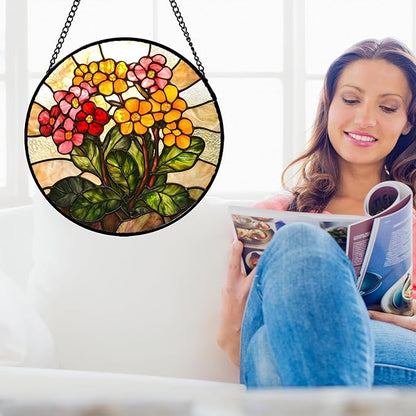 Stained Glass Window Hanging, Yellow Red Flowers Sun Catcher for Window Door Home Decor Green Plant Suncatcher Christmas Mother's Day Birthday Gifts for Women Men Mom and Nana 7.8 in