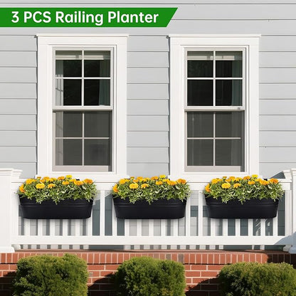 OGIMA Railing Planter Box, 3 Pack 16" Large Hanging Planters for Outdoor Plants with Adjustable Wide Hooks for 2.7'' Railings, Balcony Planters Railing Hanging for Deck, Fence & Patio Decor