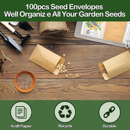 Seed Packet Organizer Kit - 100Pcs Seed Saving Envelopes, 25Pack Clear Sleeves (4 Pockets Each, Slot Size 3.9" x 5.2"), Fit for Standard Seed Packets, and 1x 4-Ring Binder Included-Blue