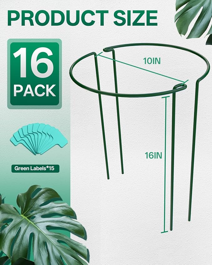 Breeze Touch 16 Pack Plant Support Stakes, 16 Inch Plant Stakes for Outdoor Plants, Peony Cage with 15 Pcs Green Lables, Peony Cages and Supports, Peonies Support Cages Flower Stakes for Plants