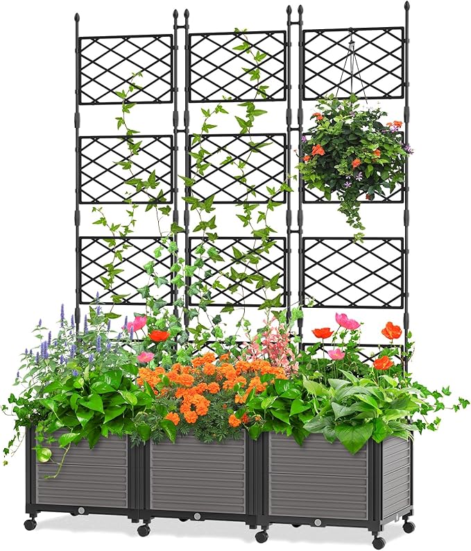DoCred 63" H Raised Garden Bed Planter Box with Trellis, Floorstanding Vertical Horticulture Planter Box Tomato Cage with Wheels for Vine Climbing Plants, Flowers, Herbs