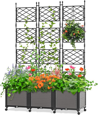 DoCred 63" H Raised Garden Bed Planter Box with Trellis, Floorstanding Vertical Horticulture Planter Box Tomato Cage with Wheels for Vine Climbing Plants, Flowers, Herbs