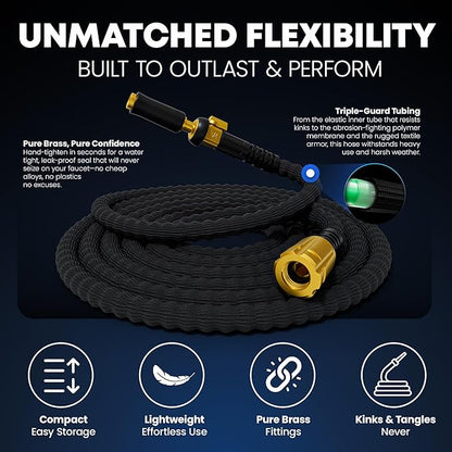 TITAN Flexible Garden Hose 15FT – Ultra Lightweight, Heavy Duty Water Hose with Brass Fittings & Jet Nozzle – Kink-Free, Non-Expanding, Durable Fabric Hose for Yard, Lawn, Car Wash, Outdoor Use
