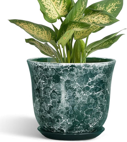 Ceramic Pots for Plants - 5.6 Inch Planter for Indoor Outdoor, Small Flower Pot with Drainage Hole and Saucer, Round Modern Succulent Planters, Home Room Desk Decor, Women Gifts, Green