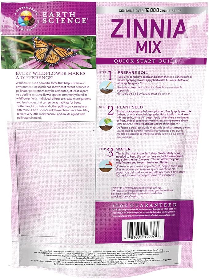 Earth Science Zinnia Seeds - 4oz – Premium Easy-to-Grow, Hearty, Bright and Vibrant Flower Blooms to Enhance Visual Aesthetics of Home & Garden, and Attract Pollinators - Non GMO