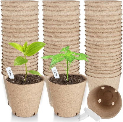 65 Pcs Organic Peat Pots, 3.15 Inch Nursery Pot, Round Plant Seedling Pots with Drainage Holes, Small Seed Starting Starter Tray Bulk, Garden Germination Container with 65 Planting Labels