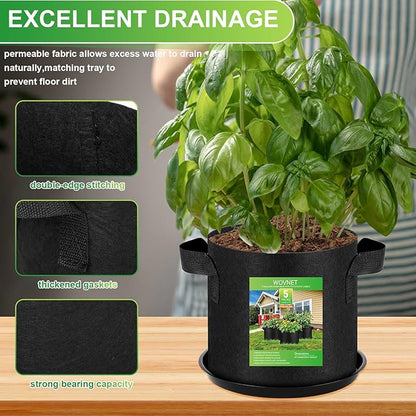 5 Pack 3 Gallon Grow Bags with 5 Plant Saucer and 5 Labels, Sturdy Fabric Plant Pots, Fabric Garden Grow Bags for Vegetables, Aeration Pots with Handles