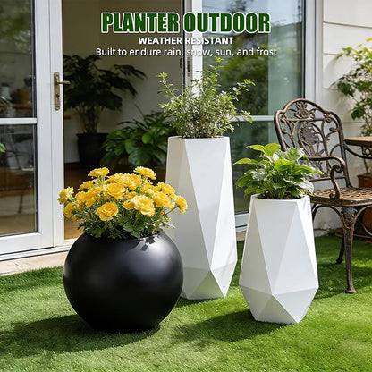 13.5 H x 17" Dia (12" Pot Opening) Round Fiberstone Planter with Drainage Hole, Durable Garden Flower Pots, Black, Resistant for Indoor and Outdoor, Planters for Large Plants pot for Home Decor Patio