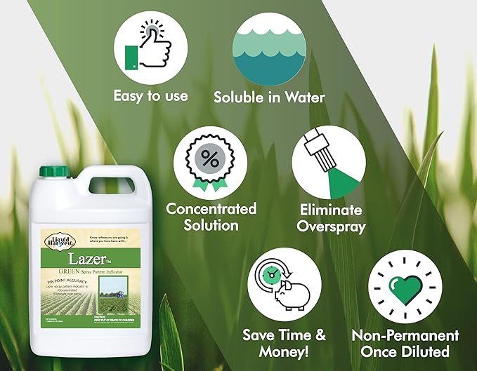 Liquid Harvest Lazer Green Concentrated Spray Pattern Indicator - 1 Gallon (128 Ounces) - Perfect Weed Spray Dye, Herbicide Dye, Fertilizer Marking Dye, Turf Marker and Herbicide Marker