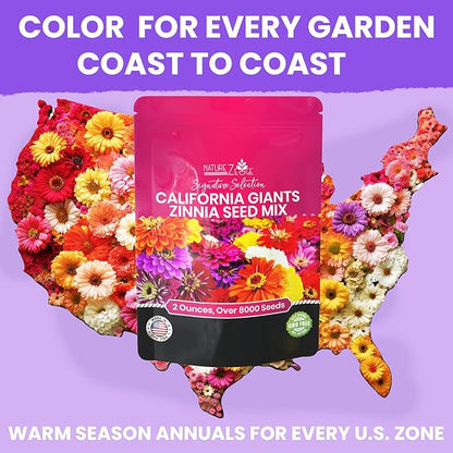 NatureZ Edge Zinnia Seeds for 2026 Planting Outdoors, Over 8250 Flower Seeds, 2 Oz, Non GMO Made in USA, Bulk Semillas De Flores para Sembrar, California Giants, Easy to Grow Zinnia Seed Mix