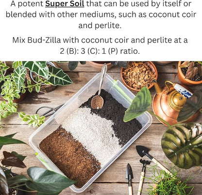 Bud-Zilla Potting Soil, 4 QT Bag, with Compost, Biochar, Mycorrhizae, Coconut Coir, Worm Castings, and Silica Sand