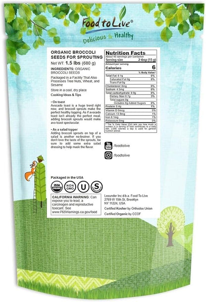 Food to Live Organic Broccoli Seeds for Sprouting, 1.5 Pounds – Non-GMO, Vegan, Kosher, Sirtfood, Bulk. Rich in Sulforaphane, Vitamin C. Grow Sprouts, Microgreens for Salads, and Sandwiches