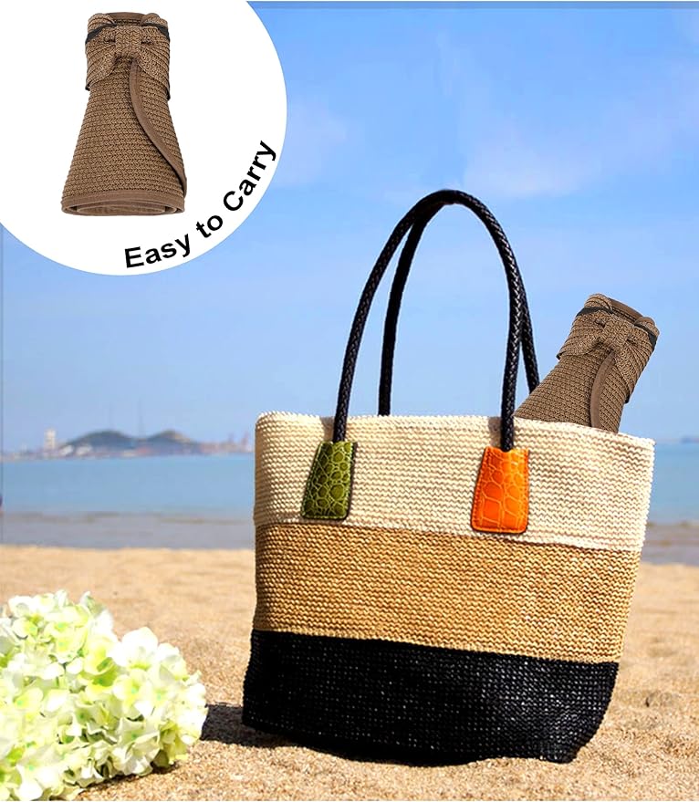 Womens Beach Straw Sun Hats Ponytail Hole Wide Brim Summer Visor Foldable Hat Sun Protection Packable for Travel Pool