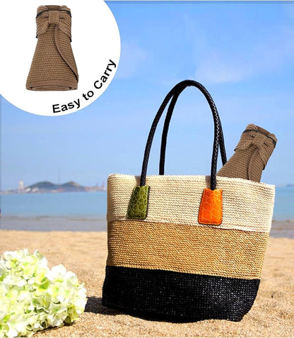 Womens Beach Straw Sun Hats Ponytail Hole Wide Brim Summer Visor Foldable Hat Sun Protection Packable for Travel Pool
