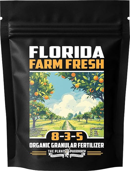 Fertilizer Commercial Grade | Florida Farm Fresh Organic 8-3-5 | 5 Ounces | Granular Slow Release Feed | Nitrogen Source | Lawns Vegetables Fruits Beds Borders Shrubs Ornamentals | 7–8 Month Coverage