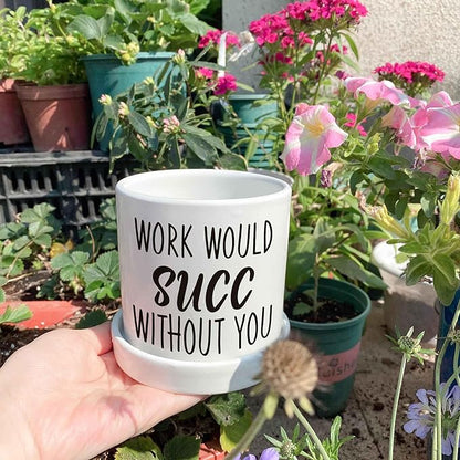 Work Would SUCC Without You Pots - Cute Succulent Planters, 4.3 inch Ceramic Plant Pots, Cute Cactus Planter Pot, Desk Shelf Decor for Home Office