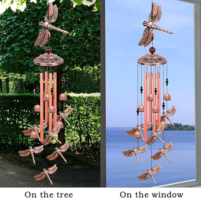 Red Copper Dragonfly Wind Chimes - Garden, Home & Patio, Balconies, Room, Indoor, Outdoor Decoration, Dragonfly Decor, Outdoor Dragonflies Wind Catcher, Memorial Wind Bells Gifts for Mom & Women